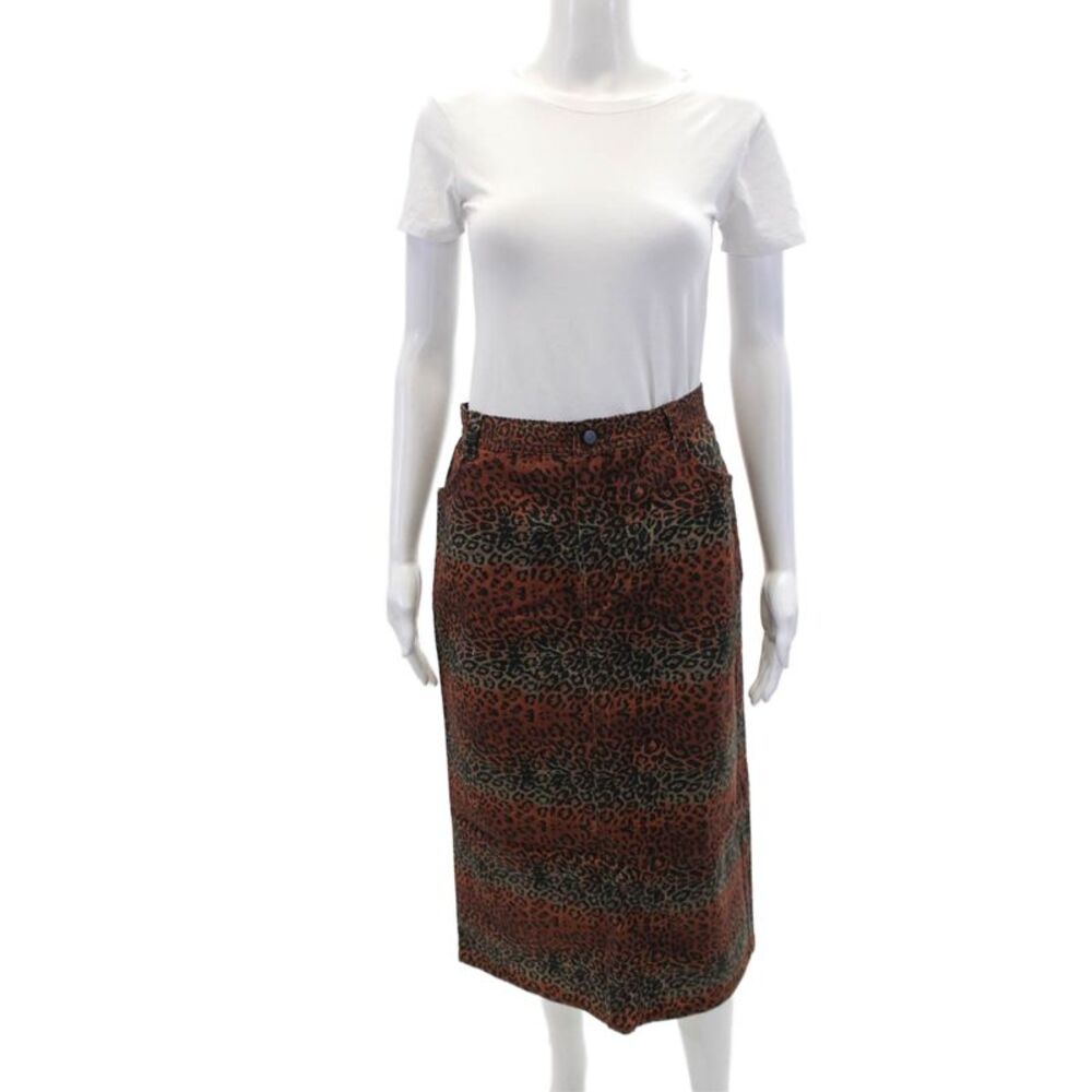 BruceGlen Womens Linear Leopard High Waist Midi Denim Skirt - Linear Leopard Siz